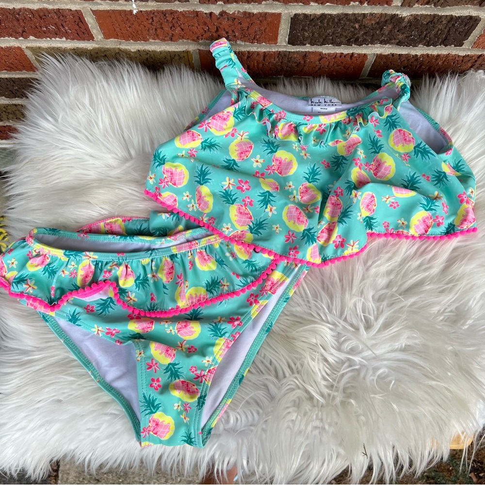 Nicole Miller New York Light Blue and Pink Tropical Print Two Piece Swim Suit